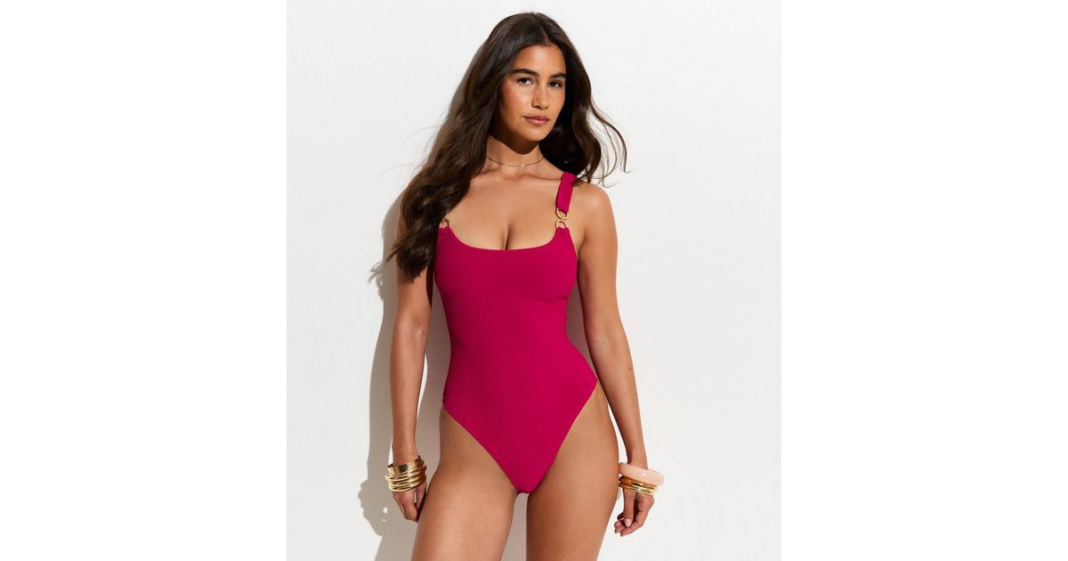 Dark Pink Tummy Control Double Ring Trim Swimsuit | New Look | New Look (UK)
