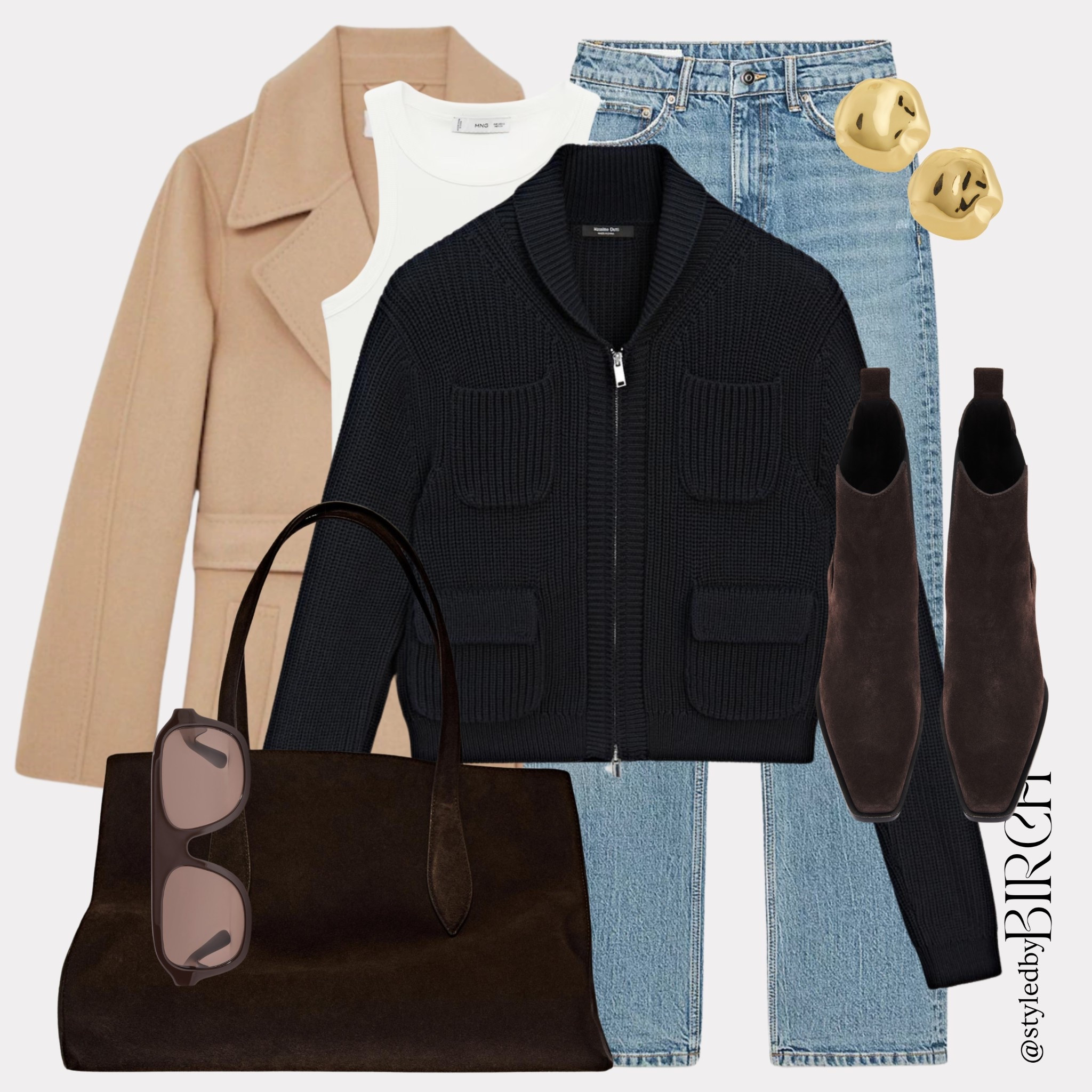 Layering really is an art form 🤎 

Camel tailored coat, White sleeveless tank, Black zip-up knit cardigan, Blue straight-leg jeans, Brown suede ankle boots, Chocolate brown tote bag, Oversized sunglasses, Gold statement earrings

#LTKmodest #LTKwinter #LTKeurope