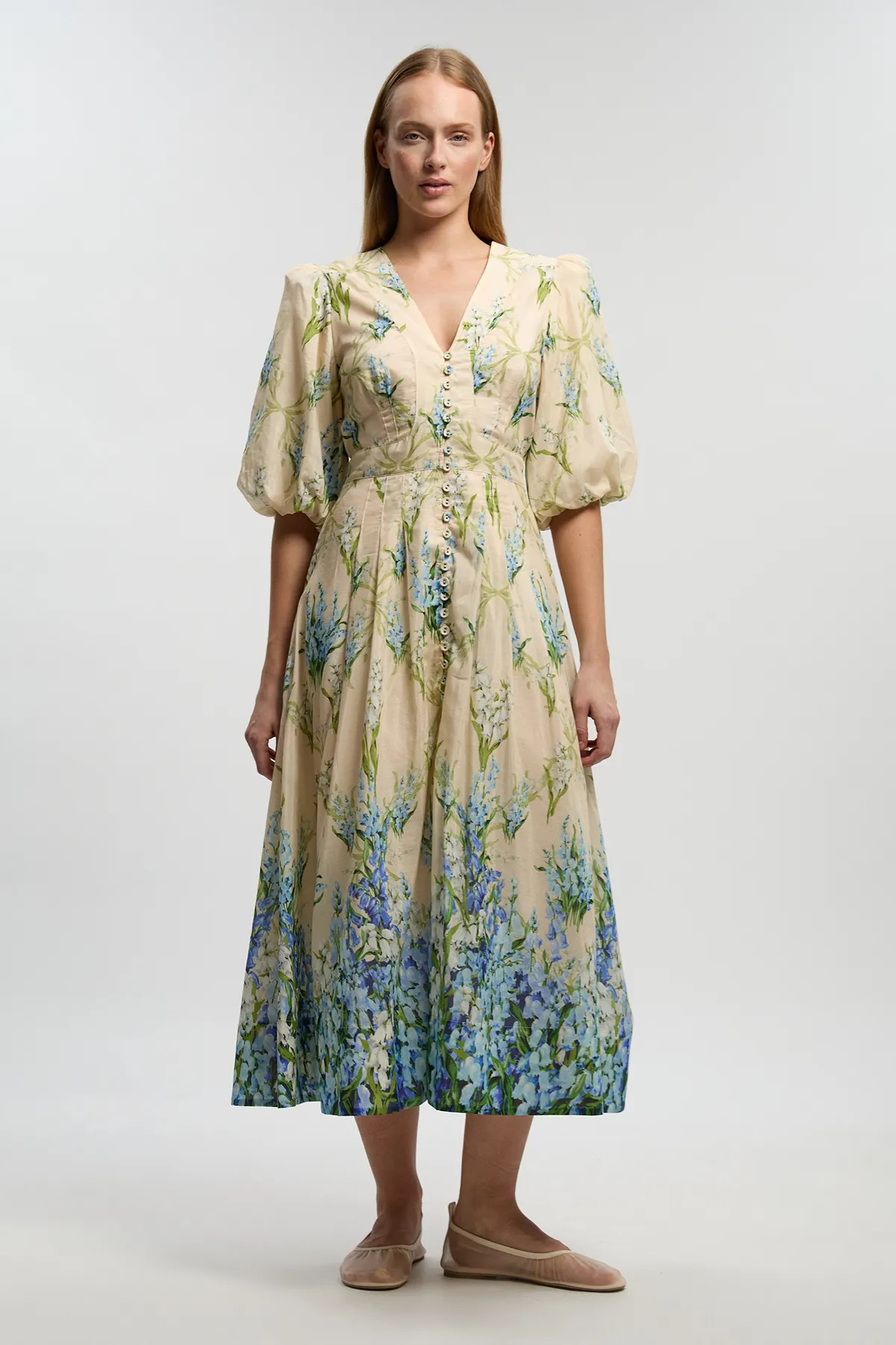 Silk Cotton Trailing Floral Puff Sleeve Midi Dress | Karen Millen UK + IE + DE + NL