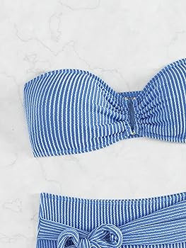 WDIRARA Women's 2 Piece Bikini Set Rib Knit Strapless Knot Front High Waist Swimsuit Set | Amazon (US)