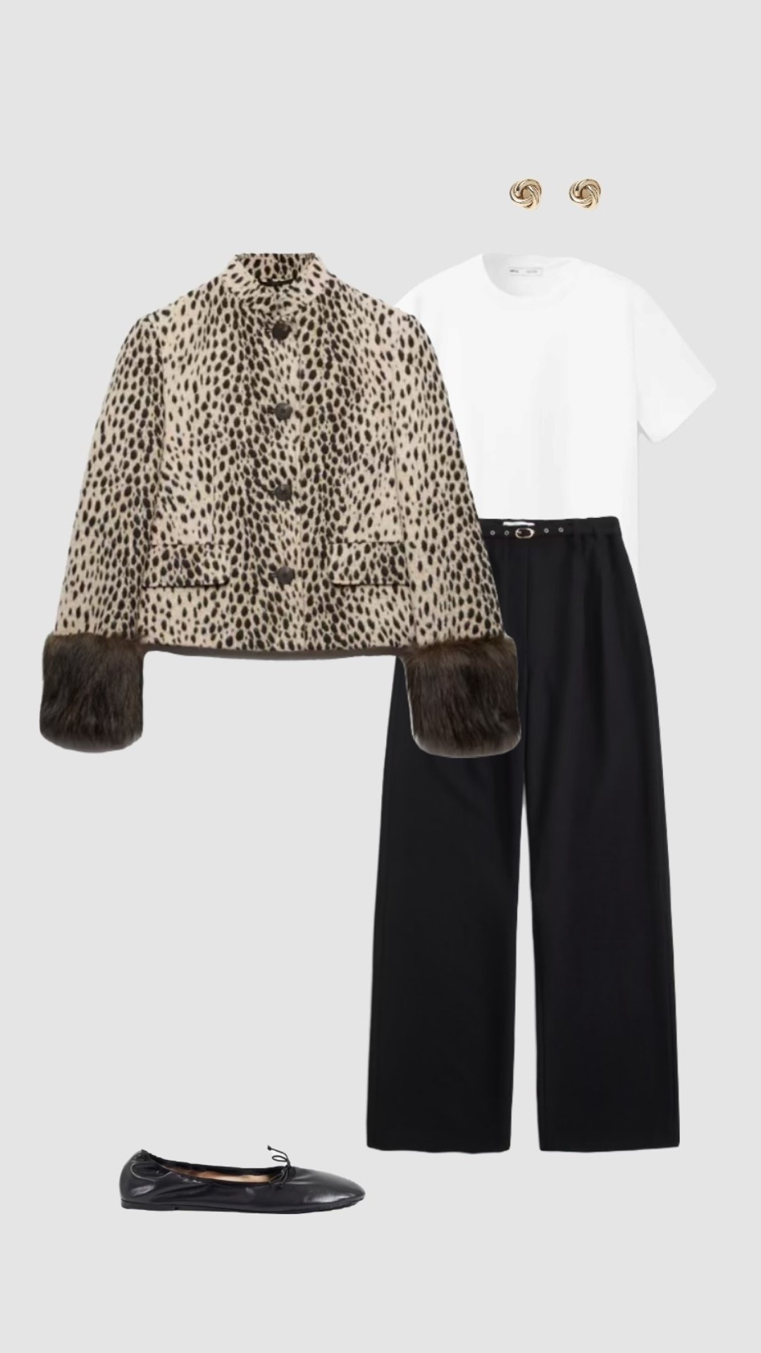 Deer Print Brown Jacket, Black High Waisted Tailored Trousers, White T-shirt & Black Ballet Autumn Work Outfit 🤎

• office outfits corporate outfits 2026 women’s outfits trendy outfit college outfit interview outfit •