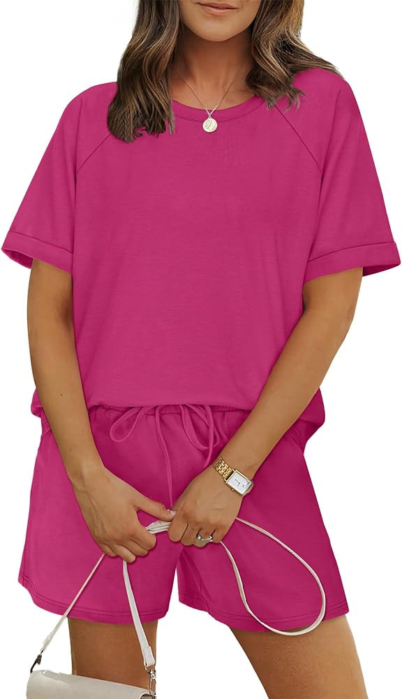 WIHOLL Two Piece Short Sets for Women Casual Summer Outfits Short Sleeve Crew Neck Lounge Matchin... | Amazon (US)