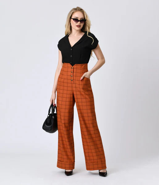 Unique Vintage Orange Windowpane Buttoned Wide Leg Trousers | UniqueVintage