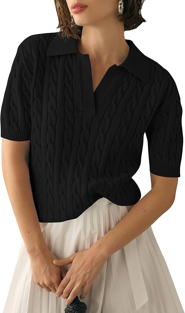 Micoson Womens Short Sleeve Sweater Tops Lapel V Neck Polo Shirts 2026 Summer Cable Knit Loose Bl... | Amazon (US)