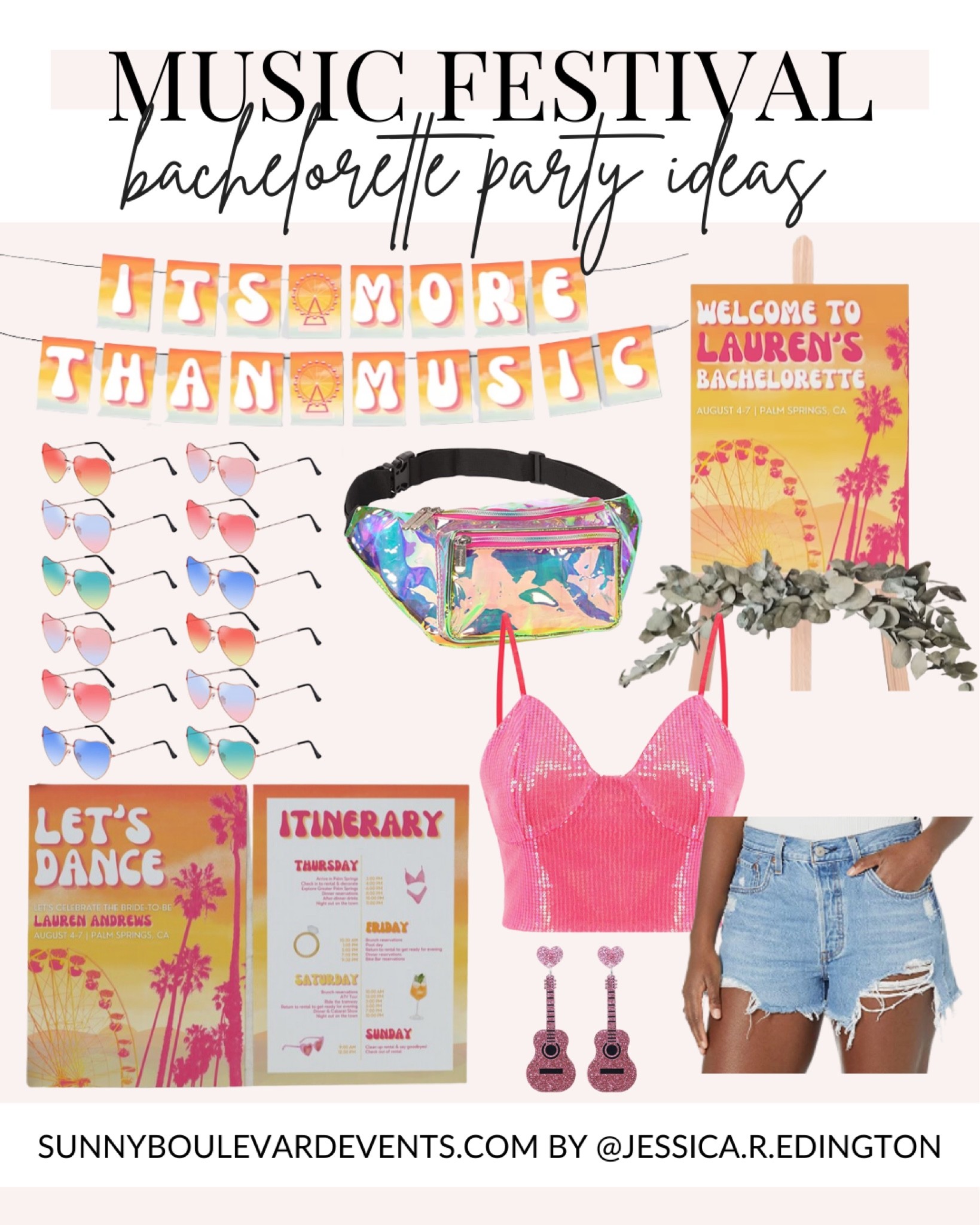 Music festival bachelorette party ideas for music fest decorations or decor, Palm Springs Before the Ring, bach party, unique bachelorette party themes, heart shaped glasses, music festival invitation, invite, or evite, palm trees and ferris wheel theme for retro or beachy bachelorette party in California 

#LTKunder100 #LTKunder50 #LTKwedding
