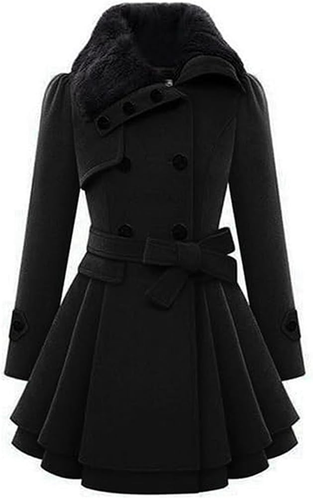 xxxiticat Women's Double Breasted Trench Coat Long Sleeve Faux Fur Lapel Flared Hem Belted Winter... | Amazon (US)