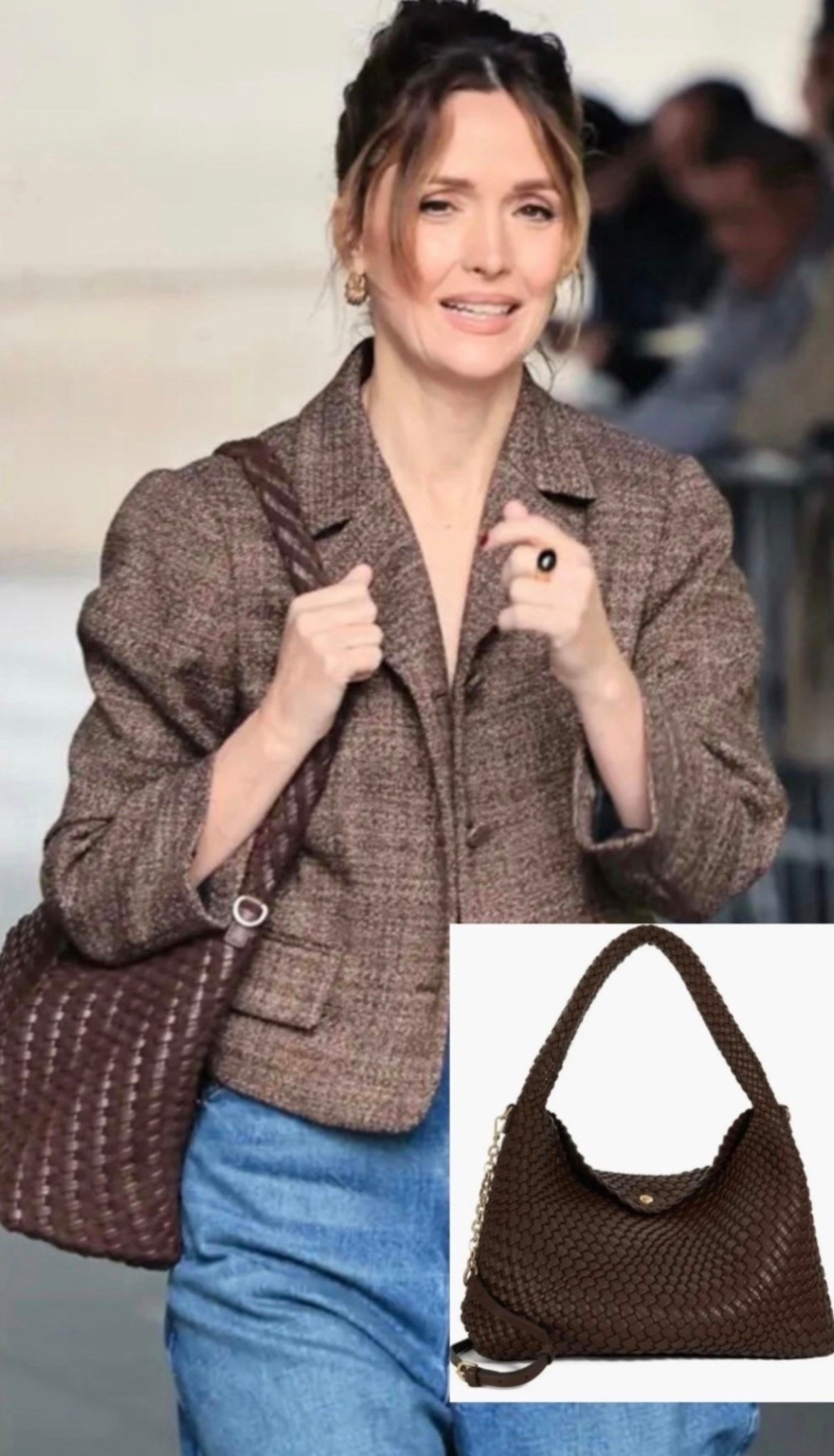 Rose Byrne was snapped in London looking stylish in wide-leg jeans, black booties, a short, brown tweed jacket — and what’s become celebs’ go-to bag, the large Dune London Deliberate.

Katie Holmes, Bella Hadid and Daisy Edgar-Jones are just a few of the fashionistas who have worn the style, which is surprisingly under $200. The woven, slouchy bag comes in different sizes and a range of pretty colors.

#LTKSeasonal #LTKitbag #LTKstyletip