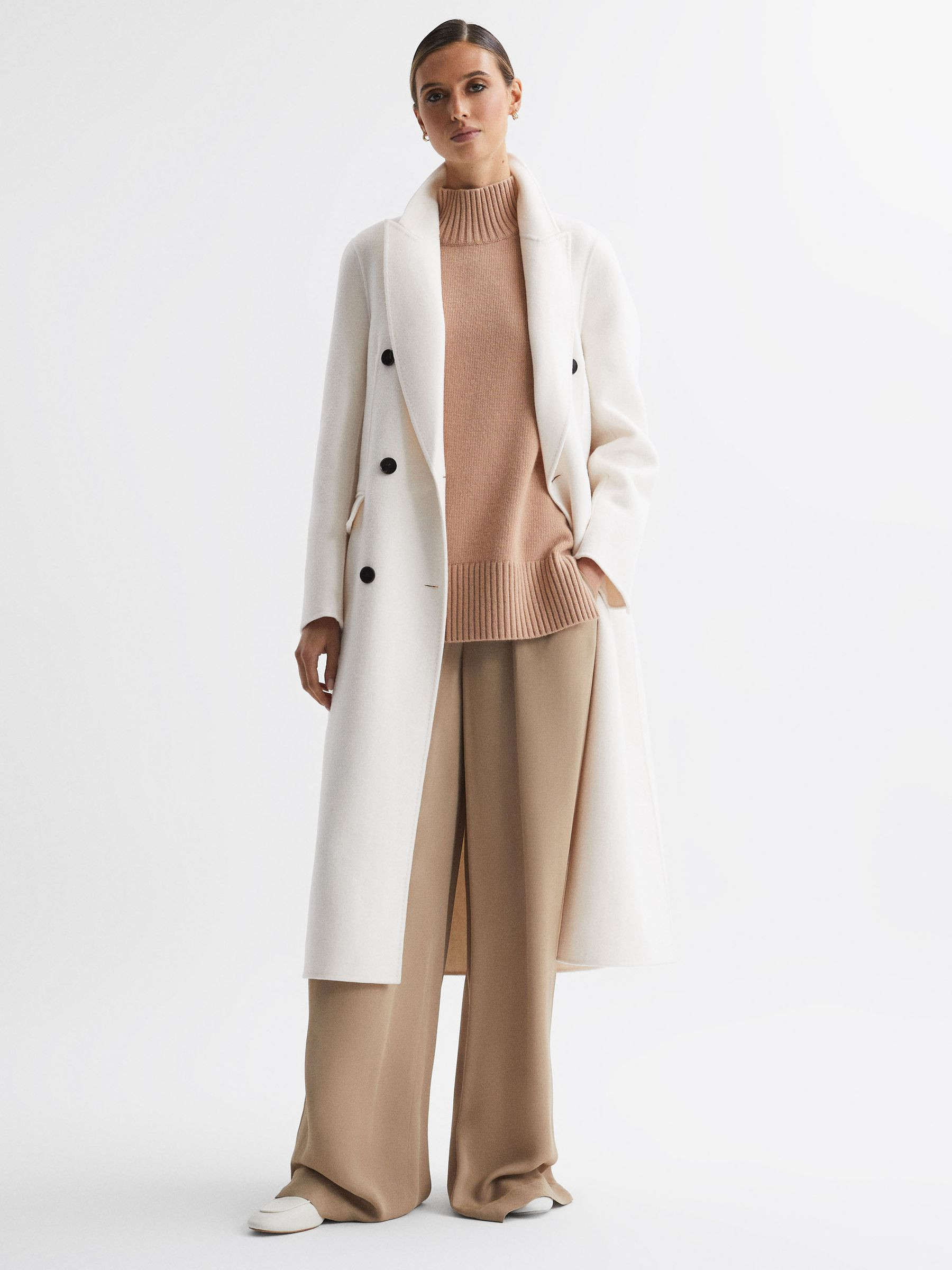 Reiss Petite Relaxed Wool Blend Blindseam Belted Coat in Cream - REISS | Reiss UK