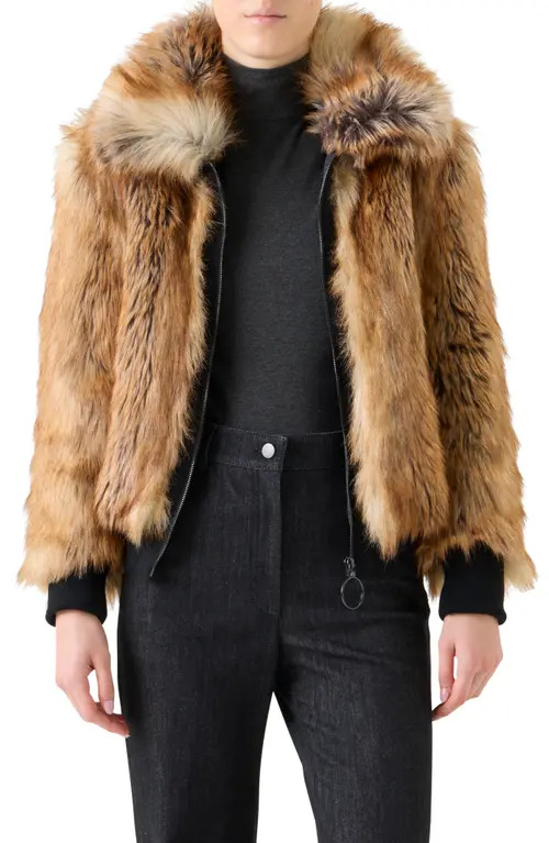 Akris punto Faux Fur Bomber Jacket in Camel-Multicolor at Nordstrom, Size 12 | Nordstrom
