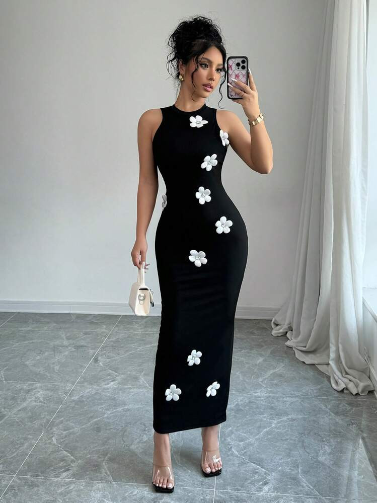Rafferiza Women's 3D Floral Decor Round Neck Sleeveless Casual Dress Maxi Women Outfit | SHEIN