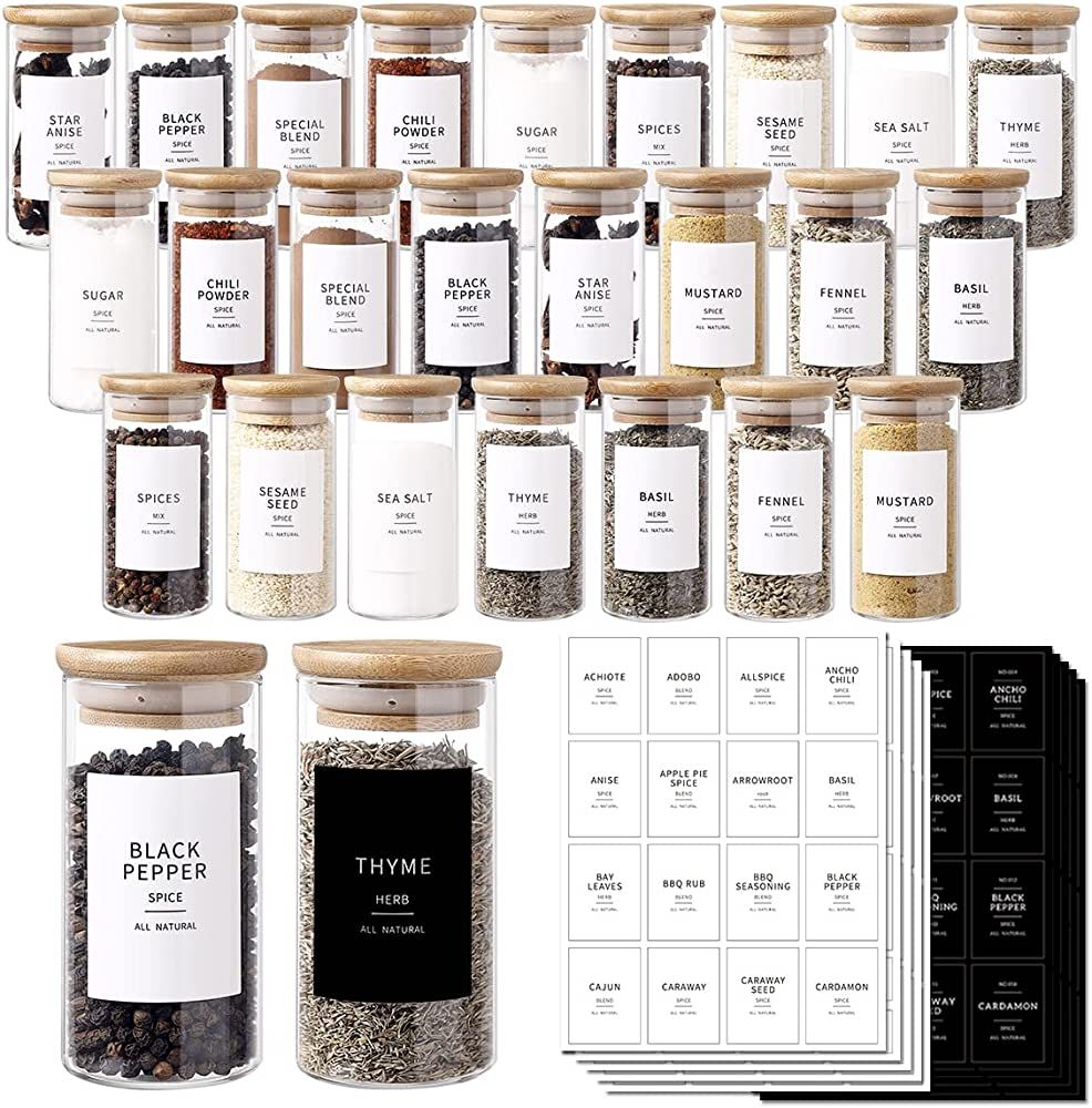 24 Pcs Glass Jars With 296 Spice Labels Preprinted of White and Black Color- 4oz Thicken(2.4mm) E... | Amazon (US)