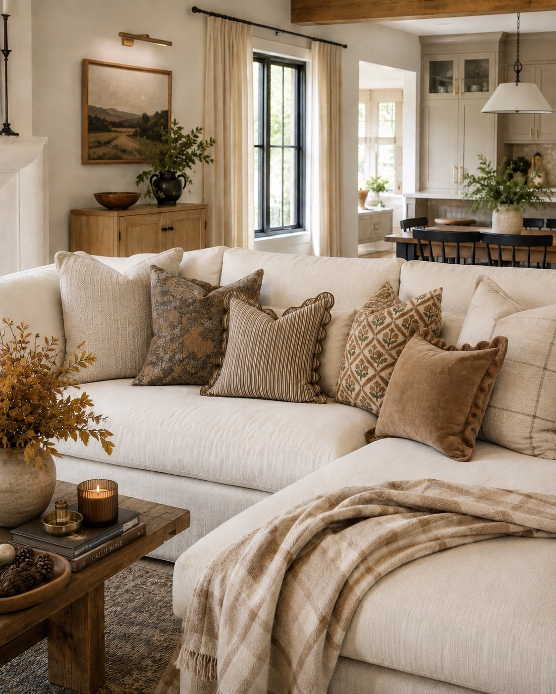 This is exactly why I love using throw pillows to transition a room into fall. You really don’t need to change everything or bring in a bunch of obviously seasonal decor to make a space feel warmer and cozier.

This is a 3D rendering showing one of the fall throw pillow combinations from my latest curated shopping guide styled in a living room. I mixed warm browns and creams with vintage-inspired florals, stripes and plaid because that variation in pattern, color and texture is what gives a neutral sofa so much more depth.

And that was really the point of putting these combinations together in the first place. Each pillow was chosen to work with the others, so you don’t have to use all five to get the look. You can pull two or three for a smaller sofa or chair, or layer the full combination across a larger sectional like this one.

I also kept the rest of the fall styling subtle—warm branches, natural wood, a cozy throw and a few deeper earth tones rather than anything that feels overly themed. It still reads as fall, but in a way that can stay in your home well beyond October.

The exact pillows from this combination are all linked below.

#LTKHome #LTKSeasonal