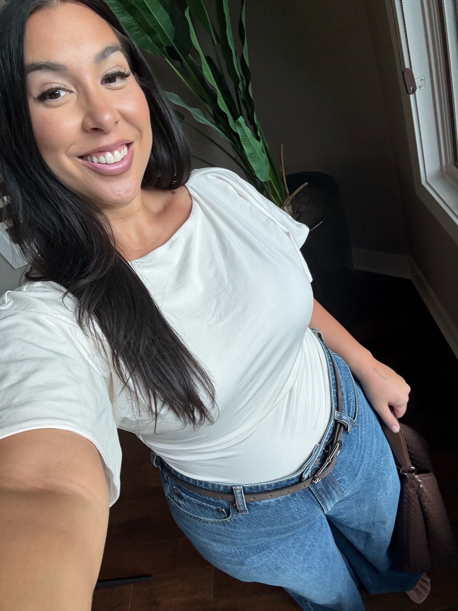 Size large top size 33 tts jeans wide leg 
Midsize fall outfit

#LTKootd #LTKMidsize