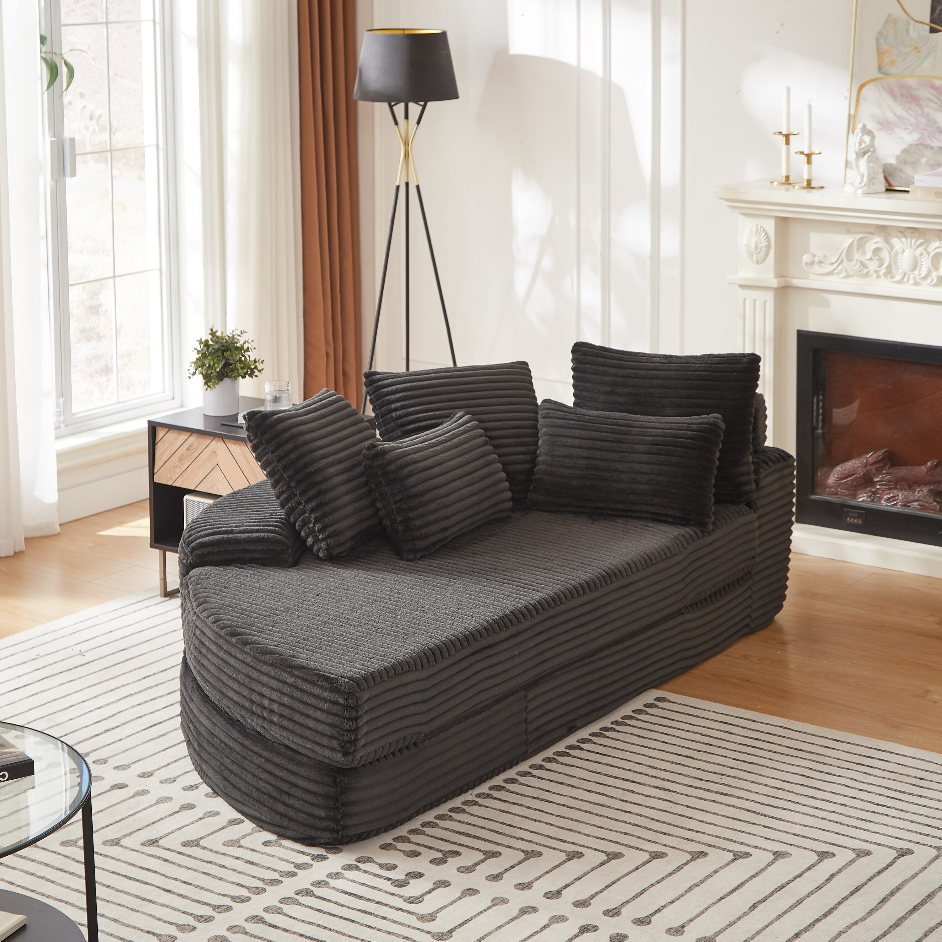 KTMBDW 78.5-In Convertible Sofa Bed - Corduroy Futon Couch with 5 Pillows Semi-Circular Folding Pull Out Futon Sofa for Living Room (Black) | Lowe's