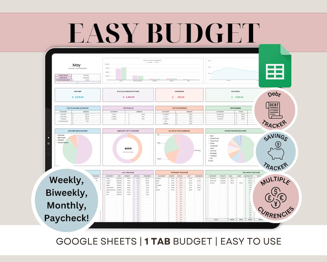 Monthly Budget Spreadsheet Google Sheets Budget Template Weekly Paycheck Dashboard Biweekly Budge... | Etsy (US)