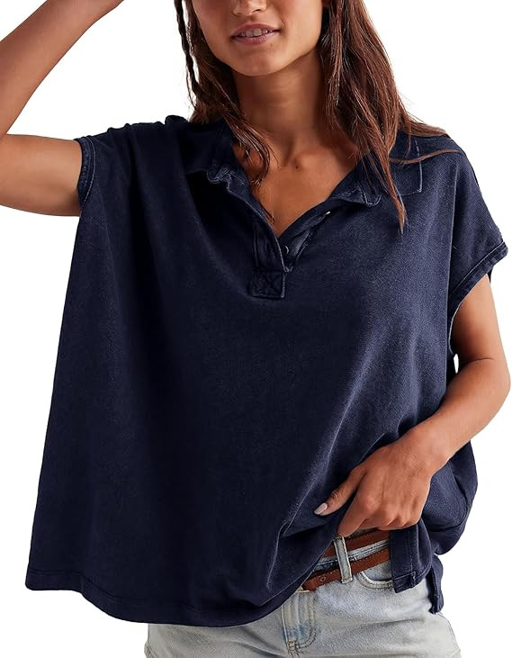 Jenkoon Womens Summer Oversized Cap Sleeve Polo Shirts V Neck Henley Tops Soft Cotton Tee Shirts | Amazon (US)