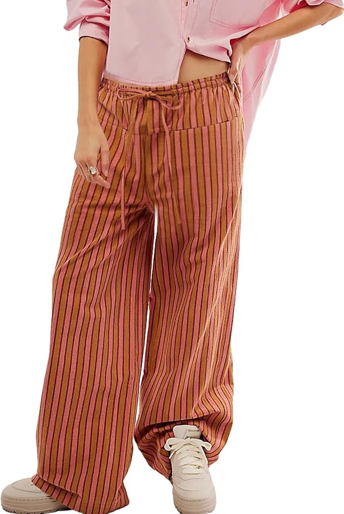 MISSACTIVER Women Drawstring Striped Pants Loose Wide Leg Trousers Comfy Low Waist Pants Casual L... | Amazon (US)