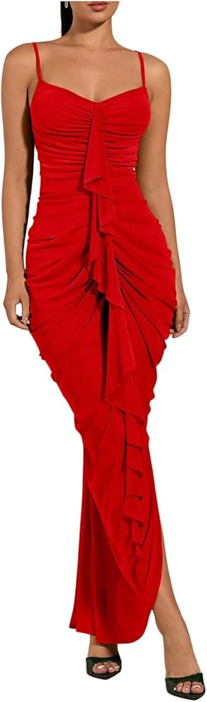 Floerns Women's Ruffle Ruched Cami Dress Draped Split Elegant Bodycon Maxi Dresses | Amazon (US)