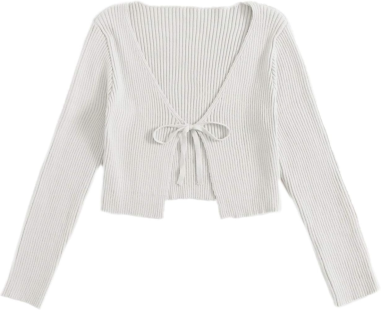 Floerns Women's Tie Front Long Sleeve Rib Knit Shrug Sweaters Cardigan Crop Top | Amazon (US)