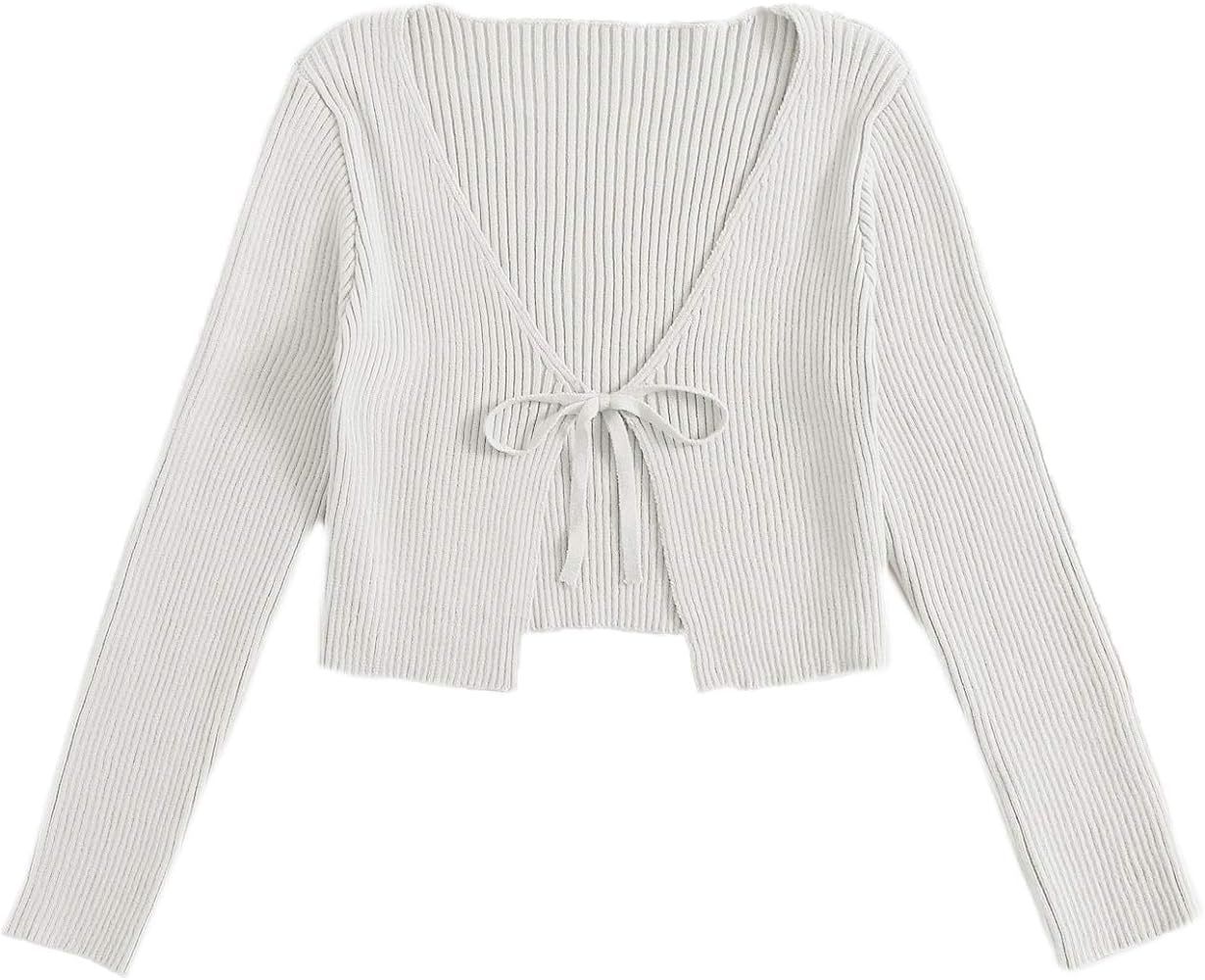 Floerns Women's Tie Front Long Sleeve Rib Knit Cardigan Crop Top | Amazon (US)
