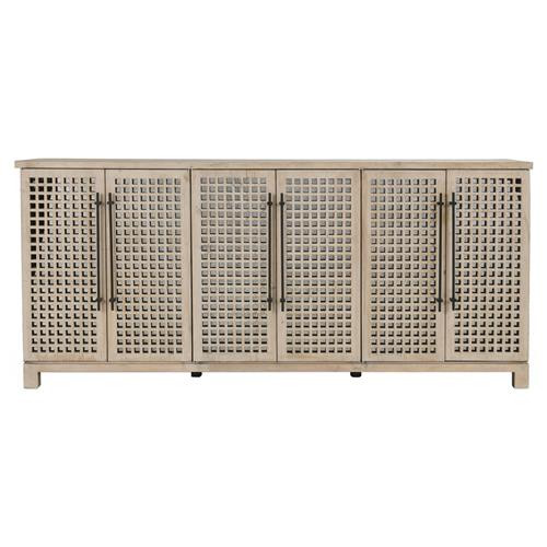 Andy Coastal Beach White Reclaimed Pine Wood Black Iron Handles 6 Door Sideboard | Kathy Kuo Home