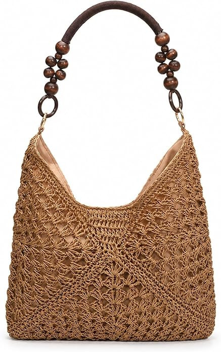 Straw Beach Tote Beaded Bag Women Summer Handmade Woven Travel Purse | Amazon (US)