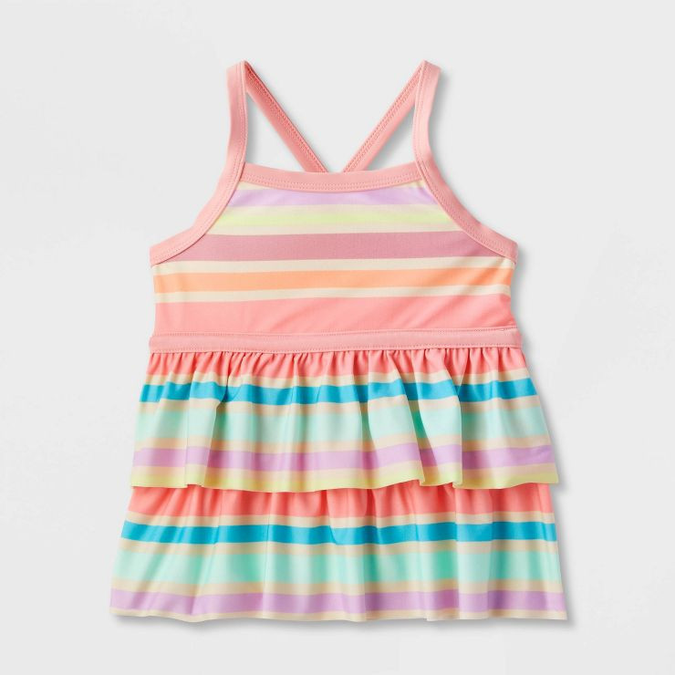 Toddler Girls' Adaptive Tiered Tankini Swim Top - Cat & Jack™ Coral Stripe | Target