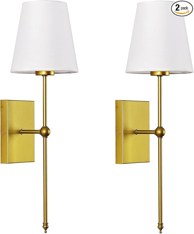 GLADFRESIT Set of 2 Slim Wall Sconces with White Fabric Shade, Gold Base Indoor Wall Light Fixtur... | Amazon (US)