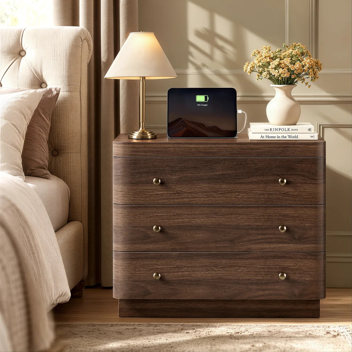 27.5" Wide Curved Nightstand  with Charging Station and 3-Drawer, Modern Rounded Edges for Bedroo... | Wayfair North America