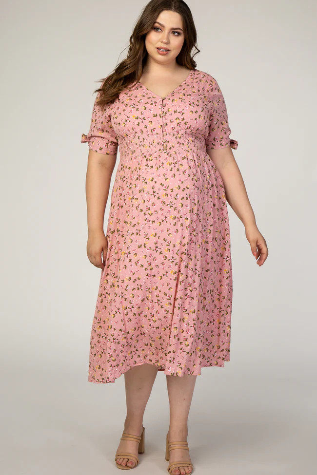 Pink Floral Tie Sleeve Maternity Plus Midi Dress | PinkBlush Maternity