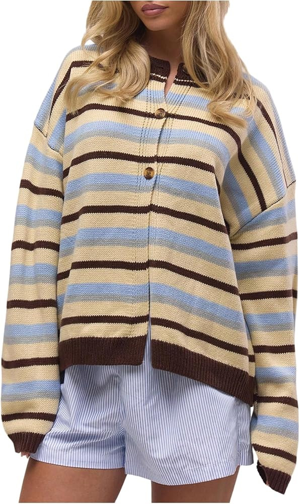 SOLY HUX Women's Striped Cardigan Sweater Color Block Button Down Long Sleeve Drop Shoulder Overs... | Amazon (US)
