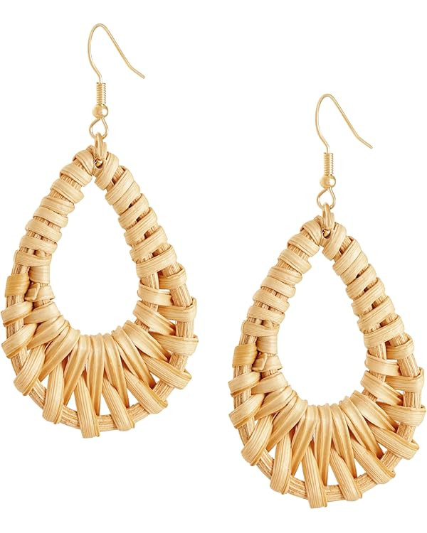 Boho Ethnic Handcrafted Wood Rattan Geometric Dangle Drop Earrings, Bohemian Summer Beach Stateme... | Amazon (US)