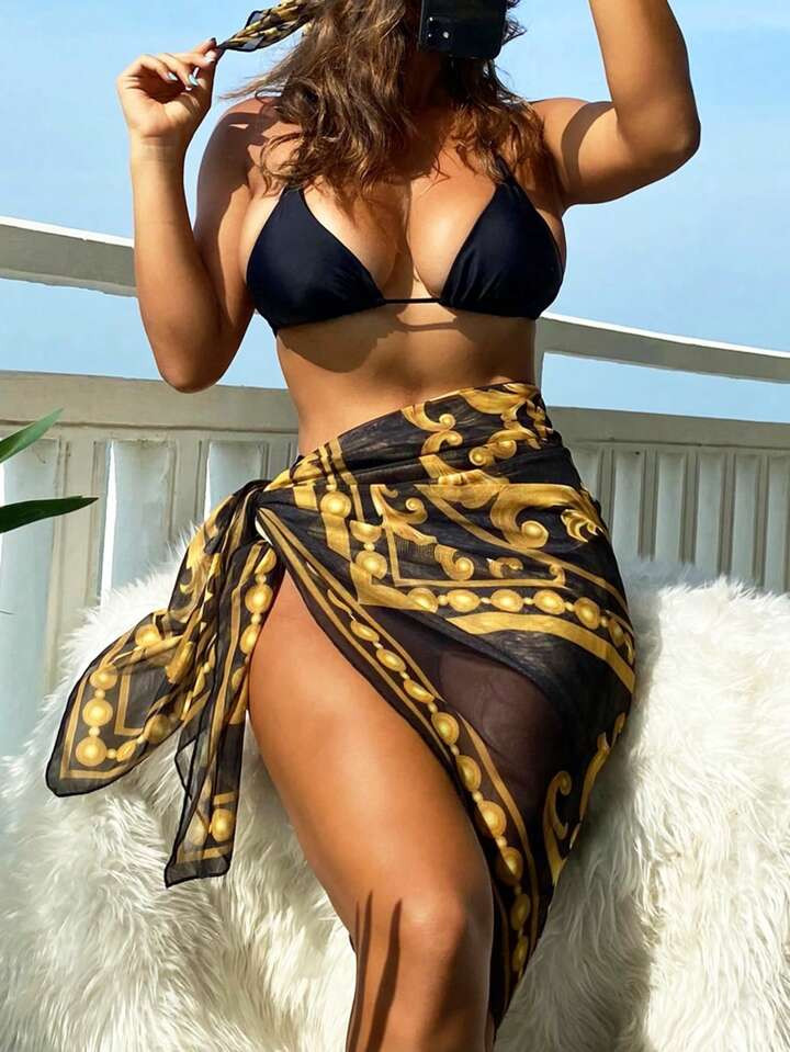 Swim SXY Summer Beach Allover Print Mesh Overlay Knot Side Cover Up Skirt | SHEIN