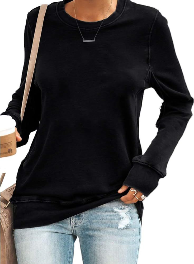 SENSERISE Womens Casual Crewneck Sweatshirt Short/Long Sleeve Solid Color Shirt Soft Lightweight ... | Amazon (US)