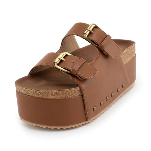 heelchic Brown Platform Sandals Women, Adjustable Buckle Casual Heeled Sandals Comfortable Open Toe Arch Support Slide Summer Sandals Brown10 | Amazon (US)