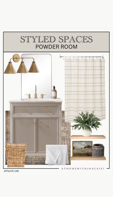 Styled spaces, powder room,  cabinet, vanity, target shower curtain, framed wall art, canvas from Amazon, Amazon canvas wall art, bathroom, bathroom decor, gold mirror, gold lighting, powder room decor, black viral planter, styling decor. 

#LTKHome #LTKStyleTip