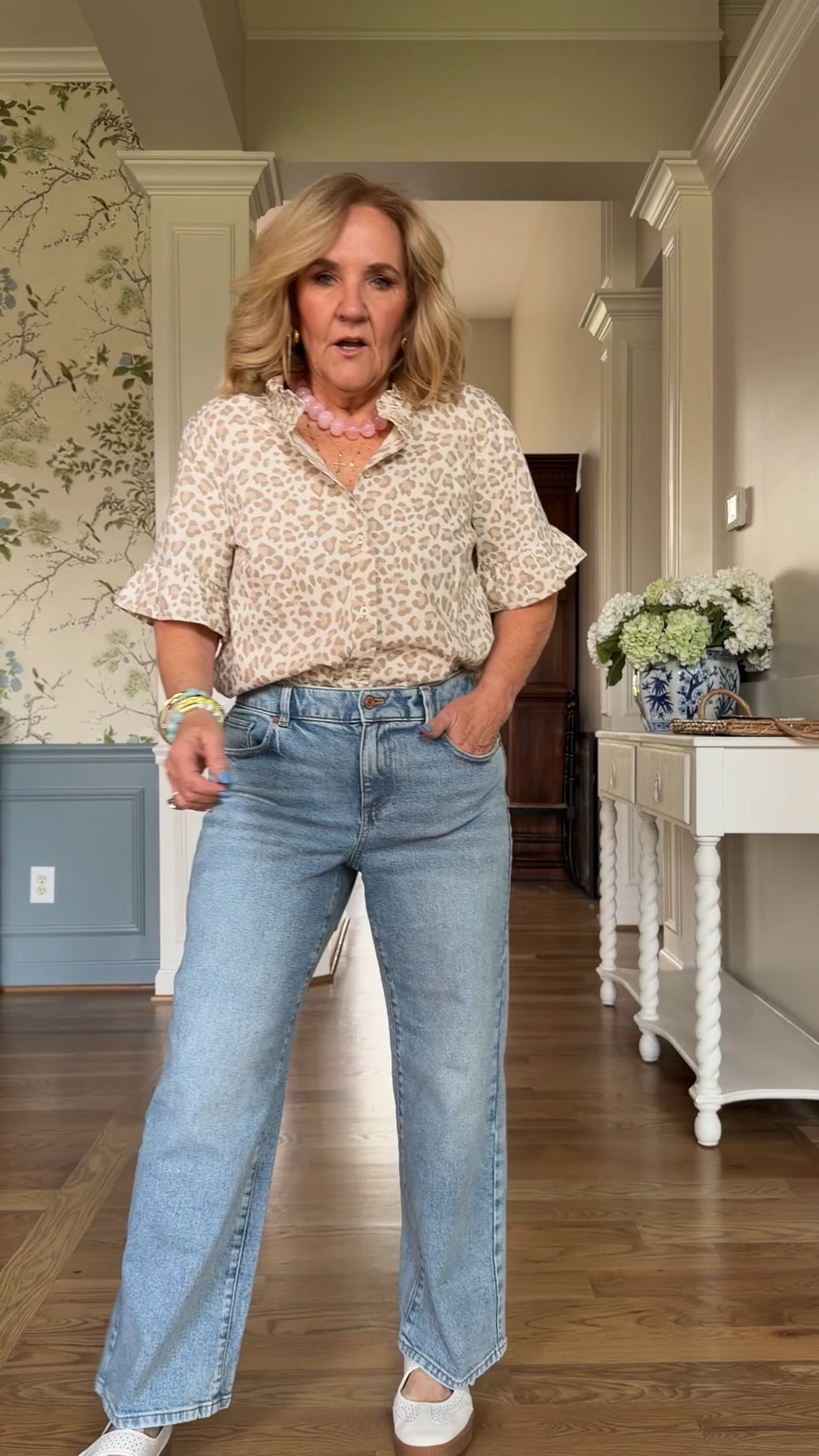 New Talbots jeans size 8 petite I love the silhouette 
Summer leopard blouse size medium 
Sneakers true to size love them! 
20% off my bracelet stack code NANETTE20

#LTKSeasonal #LTKOver40 #LTKPetite