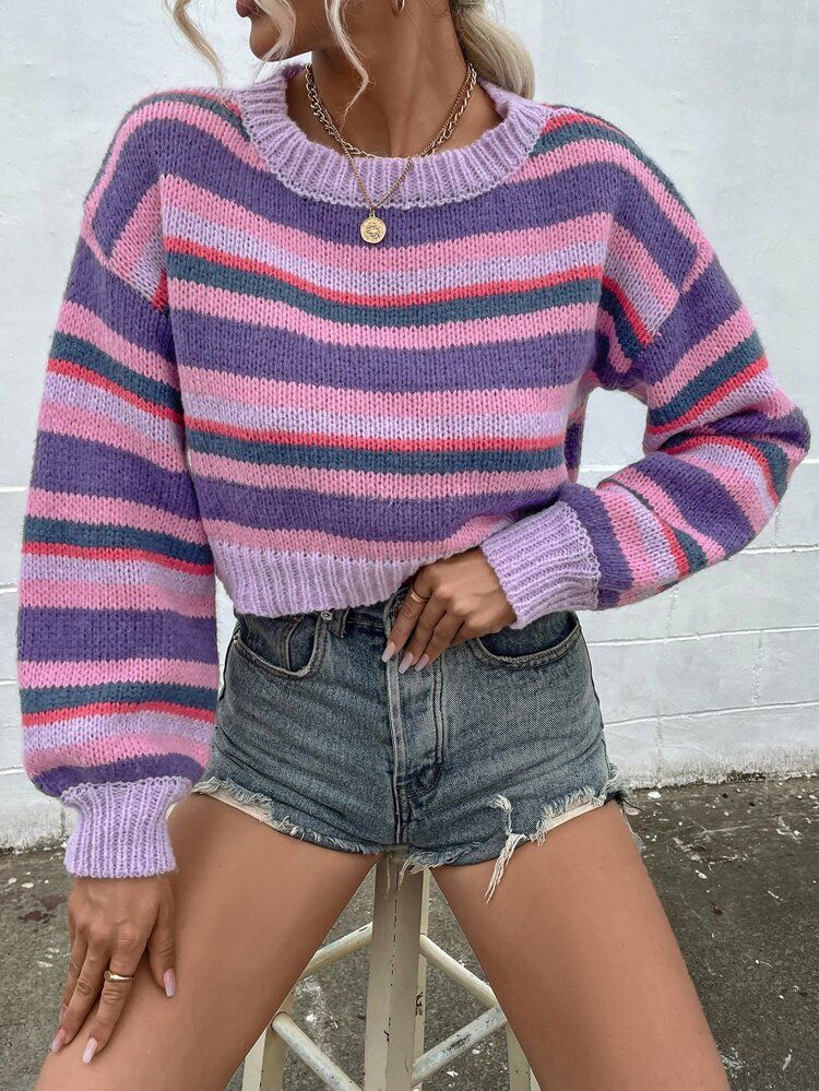 Block Striped Pattern Drop Shoulder Sweater | SHEIN