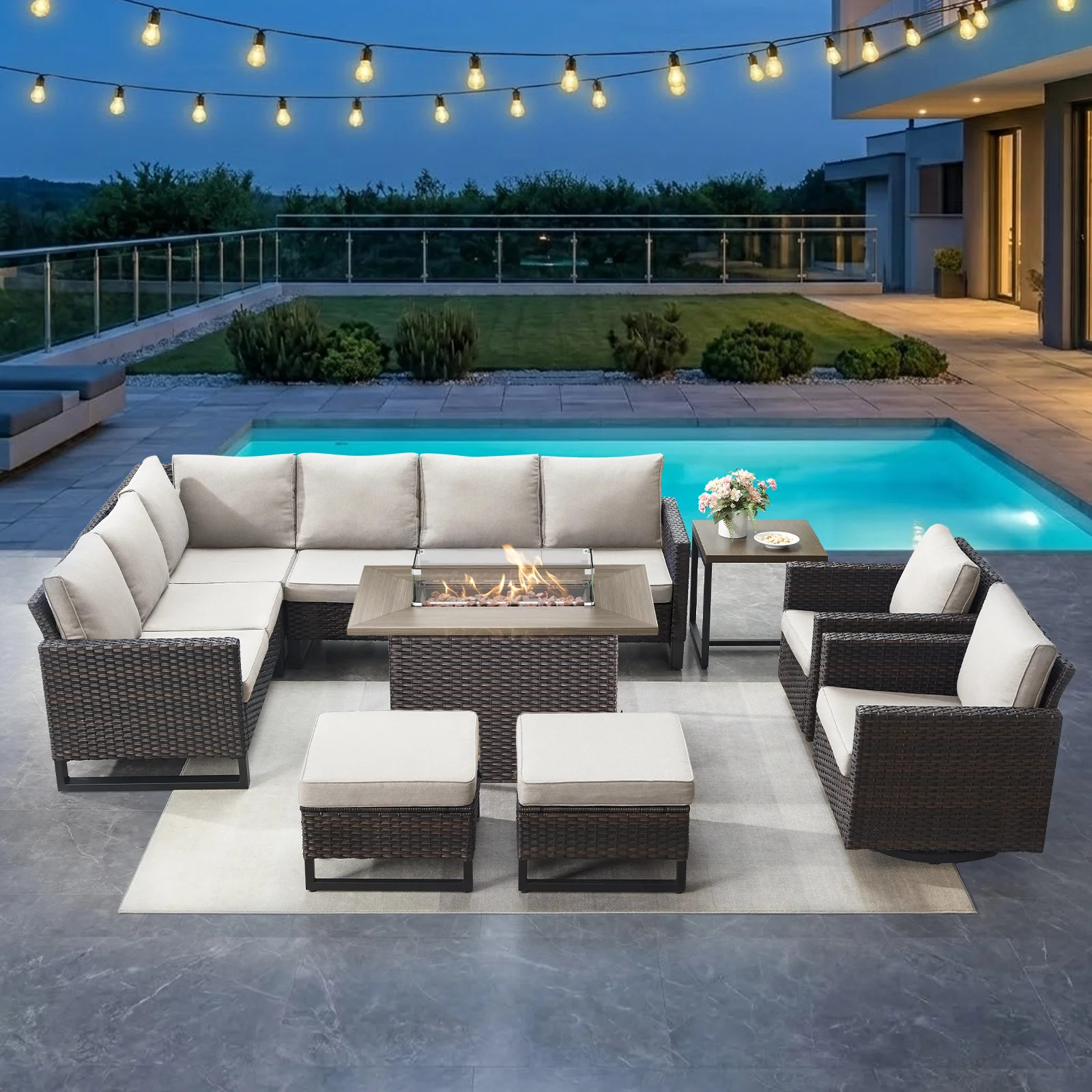 Hansencamp 9 - Person Outdoor Sectional Seating Group With Fire Pit With Swivel Glide Chair And Cushions | Wayfair North America