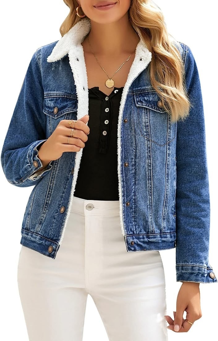 Utyful Denim Jacket for Women Casual Button Down Ripped Fleece Jean Jacket Sherpa Trucker Jackets Co | Amazon (US)