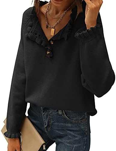 BTFBM Women's Sweaters Casual Long Sleeve Button Down Crew Neck Ruffle Knit Pullover Sweater Tops... | Amazon (US)