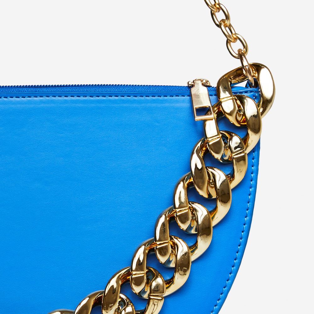 Quilo Chain Detail Half Circle Shaped Cross Body Bag In Blue Faux Leather | EGO Shoes (US & Canada)