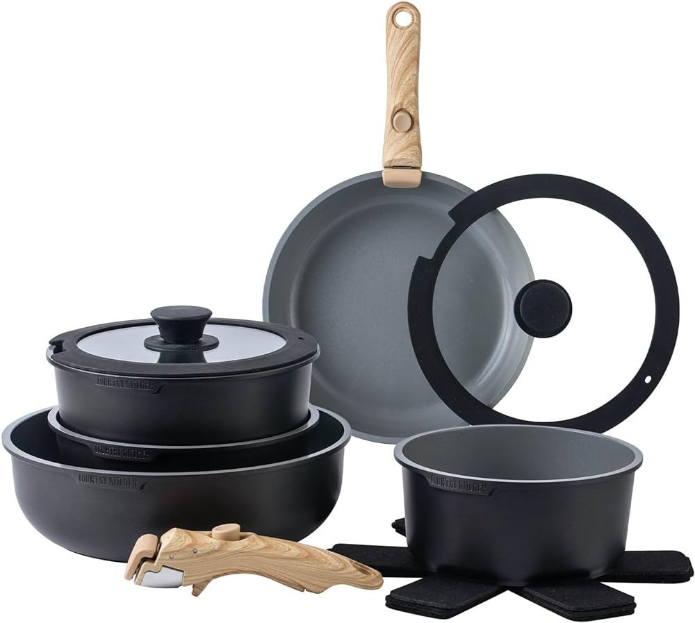 Country Kitchen 16 Piece Pots and Pans Set - Safe Nonstick Kitchen Cookware with Soft Touch Woode... | Amazon (US)