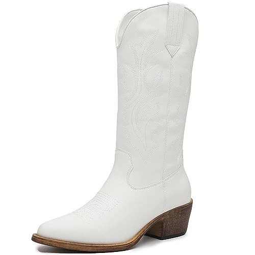 GLOBALWIN Women's White Cowboy Boots - Size 8.5M, Mid-Calf to Knee-High, Embroidered, Zip Closure | Amazon (US)