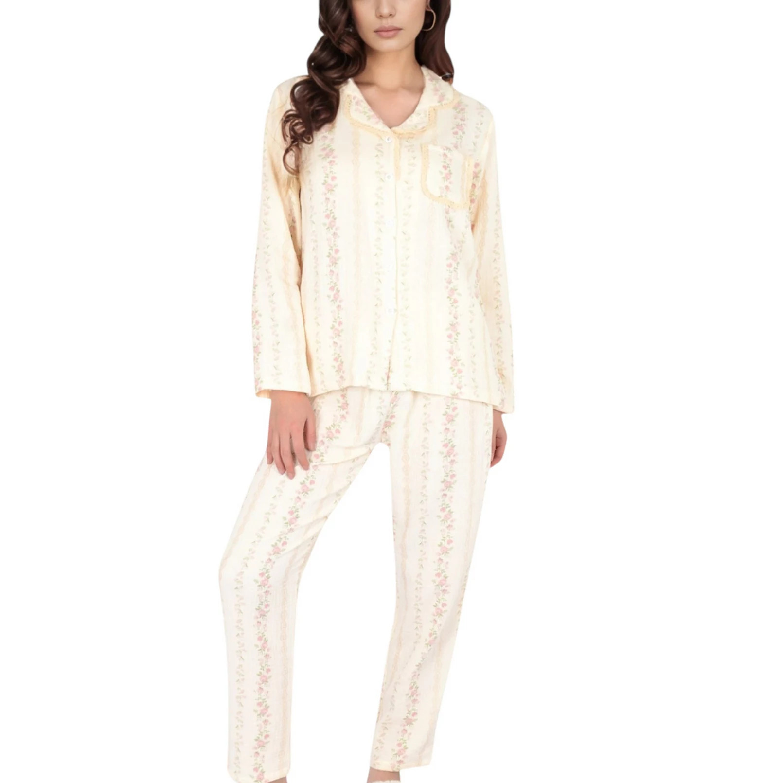 Women's Floral Stripe Pajama Set with Button-Up Top Chest Pocket and Elastic Waist Pants | Kohl's