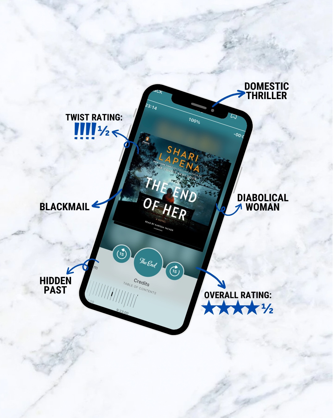 ⤹ 𝙖𝙪𝙙𝙞𝙤𝙗𝙤𝙤𝙠 𝙧𝙚𝙫𝙞𝙚𝙬:
🎧 The End of Her - Shari Lapena
📈 𝙤𝙫𝙚𝙧𝙖𝙡𝙡 𝙧𝙖𝙩𝙞𝙣𝙜: ★★★★ ½
❗ 𝙩𝙬𝙞𝙨𝙩 𝙧𝙖𝙩𝙞𝙣𝙜:  ★★★★ ½
➡️ 𝙨𝙮𝙣𝙤𝙥𝙨𝙞𝙨: slide two 
⬇️ 𝙨𝙥𝙤𝙞𝙡𝙚𝙧 𝙛𝙧𝙚𝙚 𝙧𝙚𝙫𝙞𝙚𝙬: below

…

𝙤𝙫𝙚𝙧𝙖𝙡𝙡 𝙧𝙖𝙢𝙗𝙡𝙞𝙣𝙜𝙨:
As with most of Shari Lapena’s domestic thrillers, I ate this one up!

You name it, this one has it—dramatic people making terrible decisions, sociopaths, lies, blackmail, secrets, people from the past, and a diabolical gold digger. Was it ridiculous at times? Yes! Was it entertaining? Very!

I finished it in under 24 hours because I couldn’t wait to find out what happened. By the time I got to the 85% mark, I didn’t stop until I was finished. I do wish the ending didn’t leave us wondering who did what, but I suppose that’s the allure of it. Even with it being somewhat “open-ended,” it was done really well.

If you enjoy a domestic thriller, check this one out!

𝙩𝙝𝙚 𝙩𝙬𝙞𝙨𝙩 (𝘴𝘱𝘰𝘪𝘭𝘦𝘳 𝘧𝘳𝘦𝘦):
I did correctly guess one of the twists, but another one shocked me so much that I gasped out loud.

𝙩𝙝𝙚 𝙖𝙪𝙙𝙞𝙤𝙗𝙤𝙤𝙠:
The book is written entirely in third person and the audiobook is read by one narrator. The narrator was fantastic and kept me engaged. However, nothing would be missed by foregoing the audiobook to read in print.

…
🎧 𝙖𝙪𝙙𝙞𝙤𝙗𝙤𝙤𝙠: 9 hrs 23 min
📚 𝙥𝙖𝙜𝙚𝙨: 352
…

#thrillerbooks #bookstagram #bookish #bestbooks #bookpost #whatimreading #newread #readallday #booksta #recentreads #reads #bookrecs #bookrecommendation #bookrecommendations #bookreview #whattoreadnext #bookreelsofinstagram #bookstoread #tbrpile #mustread

#LTKFindsUnder50 #LTKFindsUnder100 #LTKGiftGuide