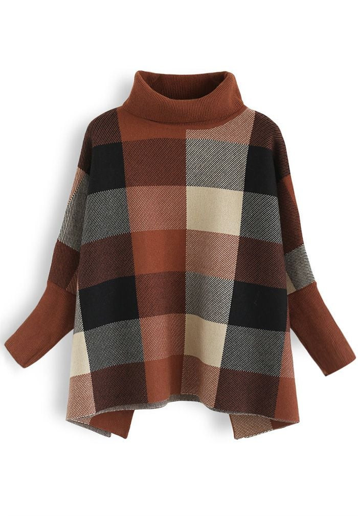 Lie in Check Fields Turtleneck Cape Sweater in Caramel | Chicwish