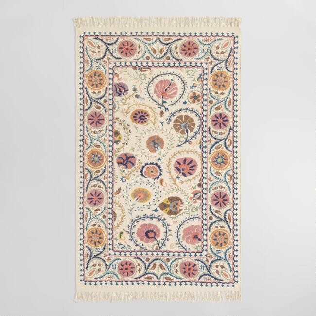 Blush Floral Embroidered Cotton Jaipur Area Rug | World Market