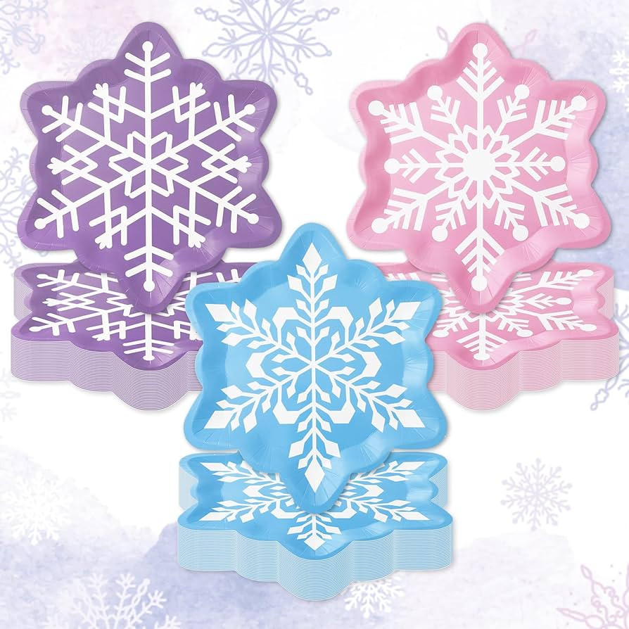 60Pcs Winter Snowflake Paper Plates Pink Blue Purple Snowflake Shape Plates Snow Disposable Plate... | Amazon (US)