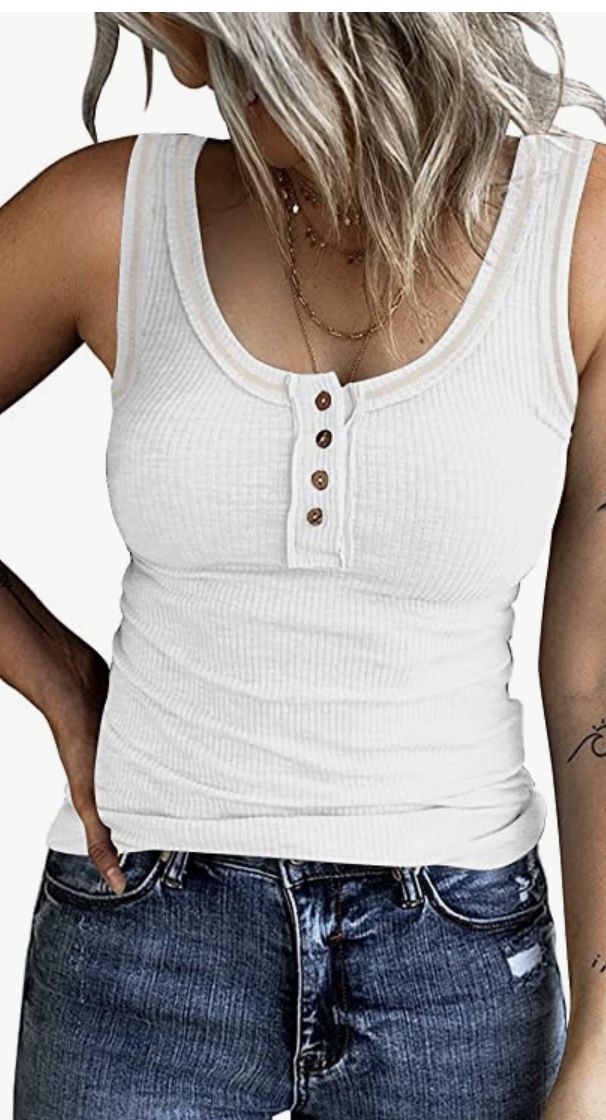 MEROKEETY Womens V Neck Tank Tops Summer Sleeveless Ribbed Button Casual Henley Shirts | Amazon (US)